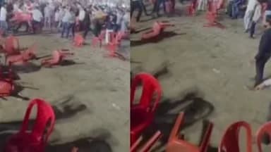 chairs thrown at aimim chief asaduddin owaisi s public rally in kanpur video goes viral